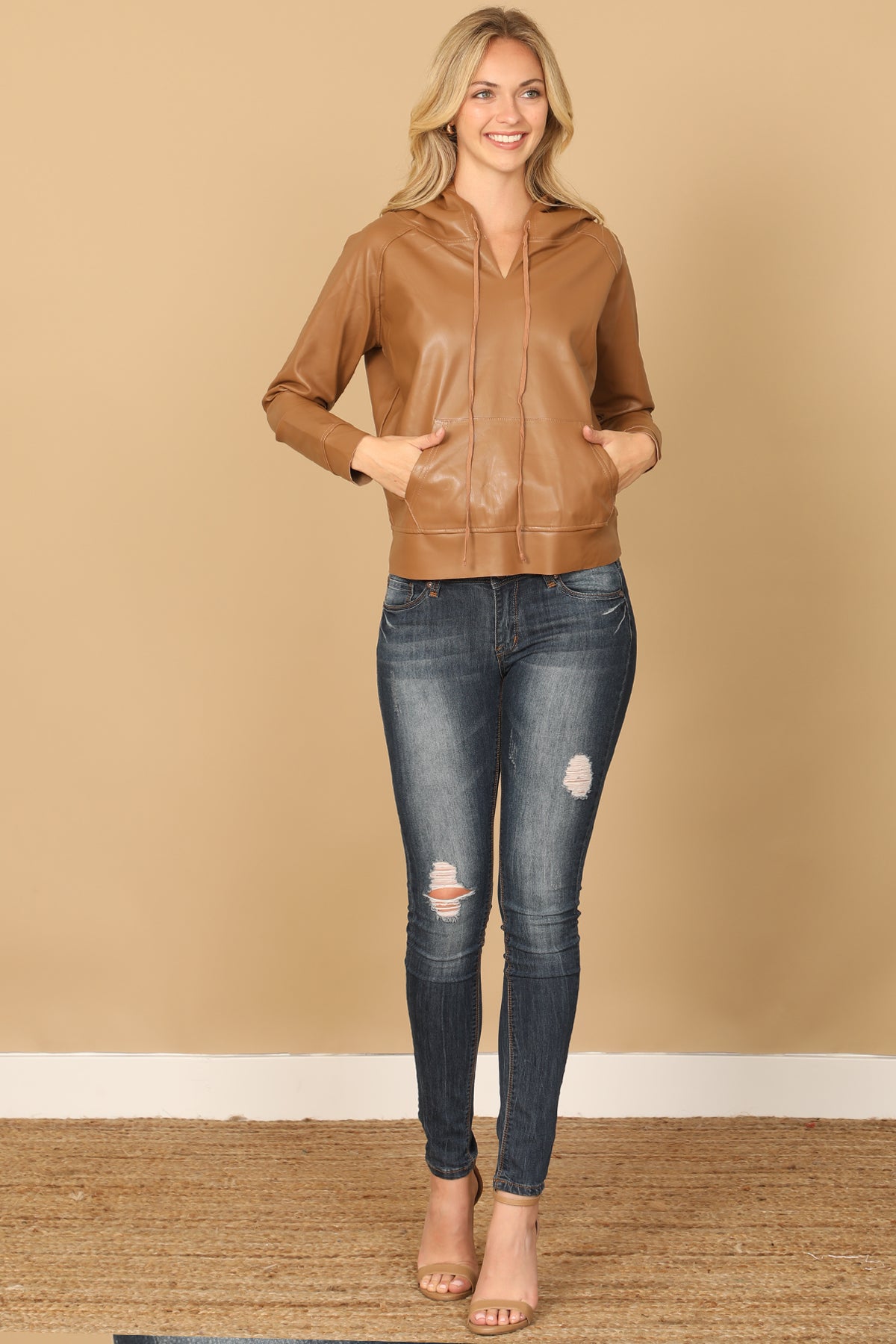 LEATHER DRAWSTRING HOODIE TOP 2-2-1