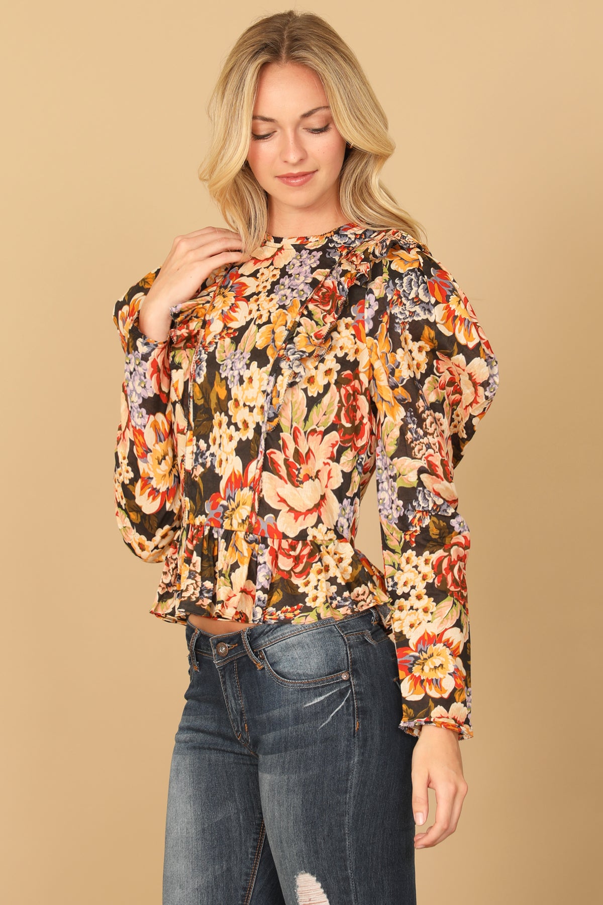 BLACK FLORAL LONG SLEEVE RUFFLE WAIST CROP TOP 2-2-1