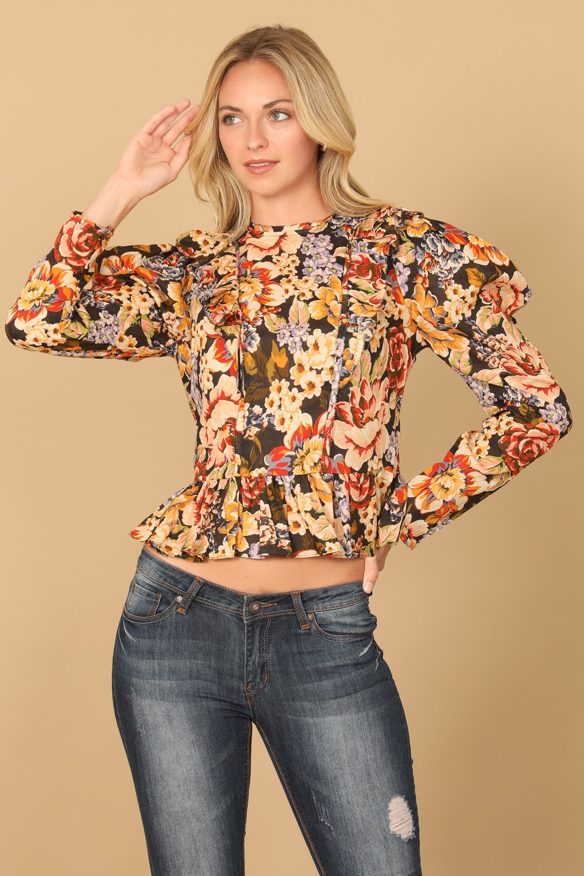 BLACK FLORAL LONG SLEEVE RUFFLE WAIST CROP TOP 2-2-1