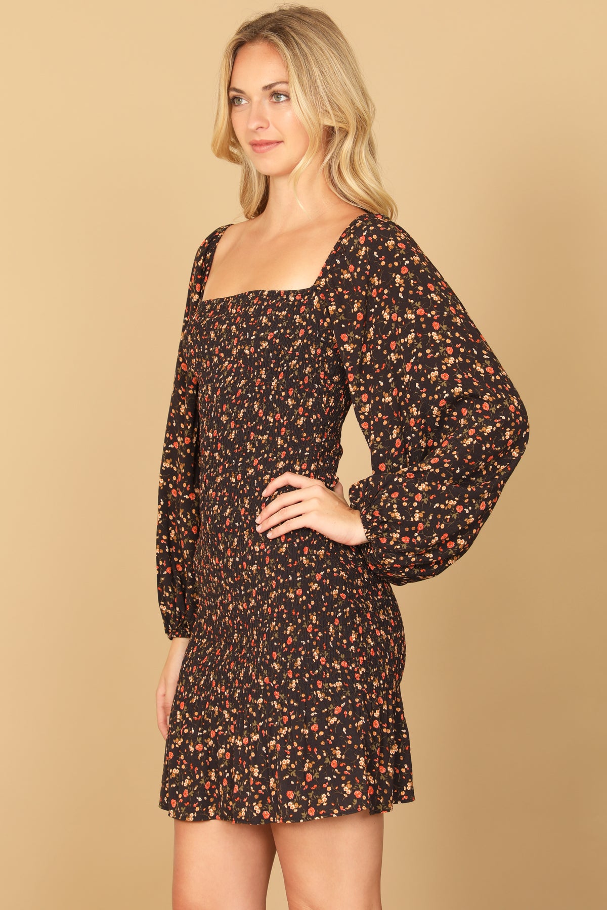 BLACK RUST SQUARE NECK LONG PUFF SLEEVE SMOCKED FLORAL DRESS 2-2-1