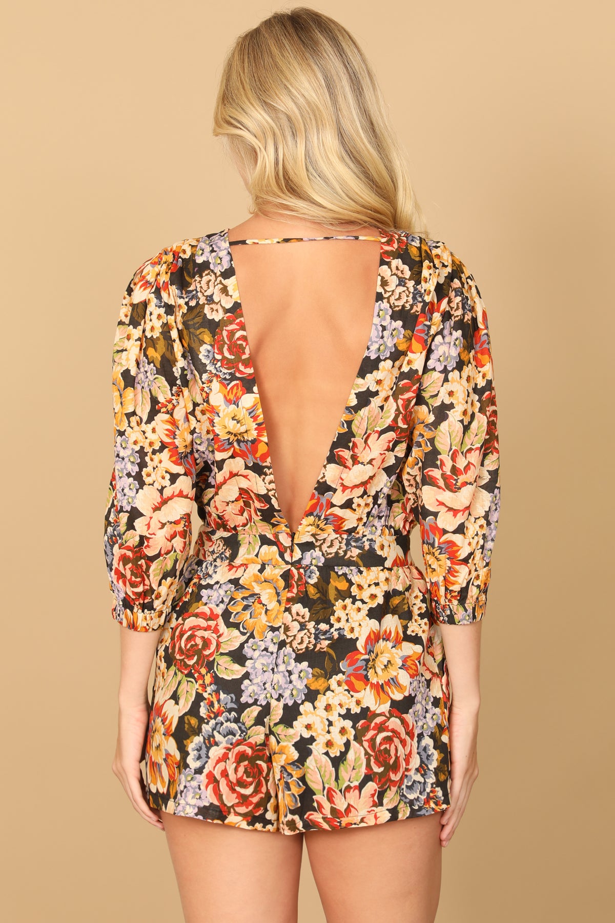 BLACK FLORAL OPEN BACK DEEP ROMPER 2-2-1