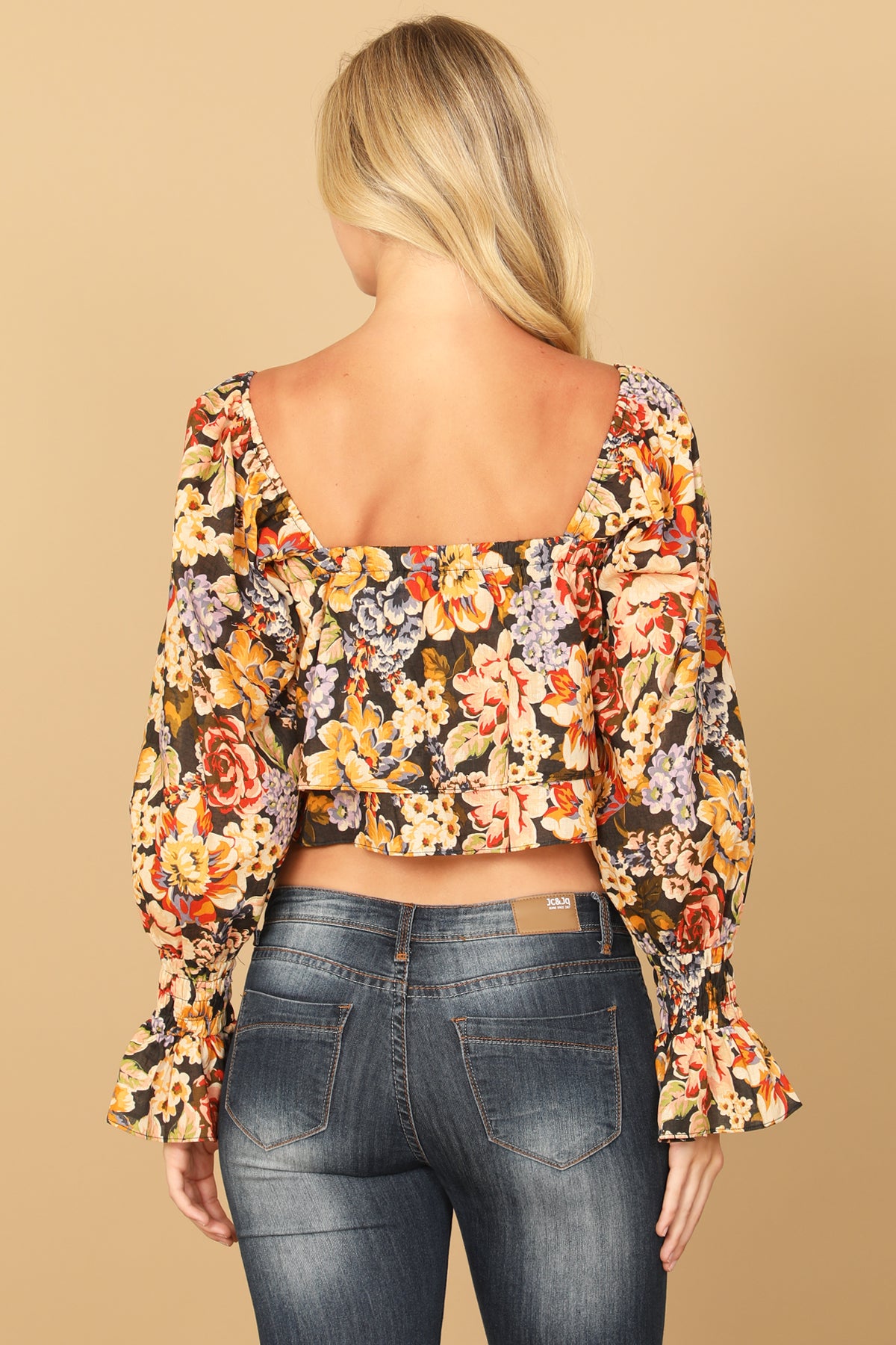 BLACK FLORAL LONG PUFF SLEEVE RUFFLE HANGING TOP 2-2-1