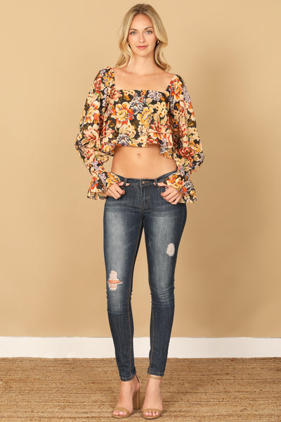 BLACK FLORAL LONG PUFF SLEEVE RUFFLE HANGING TOP 2-2-1