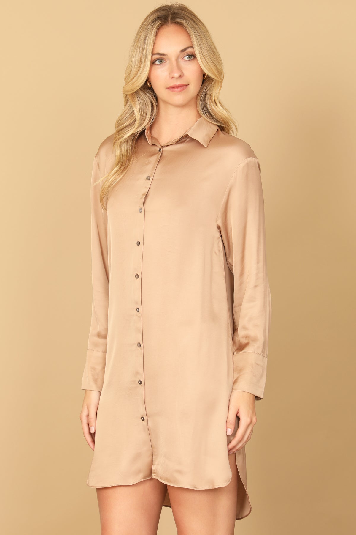 LONG SLEEVE COLLARED BUTTON DOWN CURVE HEM DRESS 2-2-1