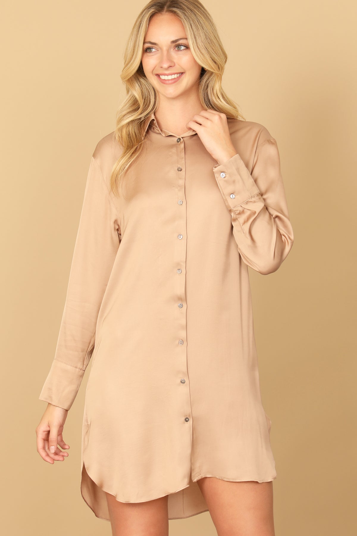 LONG SLEEVE COLLARED BUTTON DOWN CURVE HEM DRESS 2-2-1