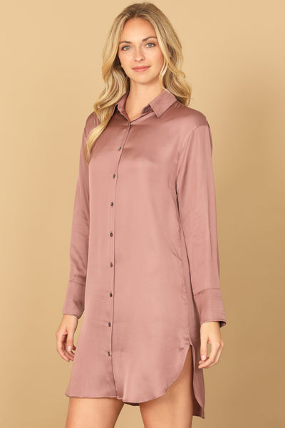 LONG SLEEVE COLLARED BUTTON DOWN CURVE HEM DRESS 2-2-1