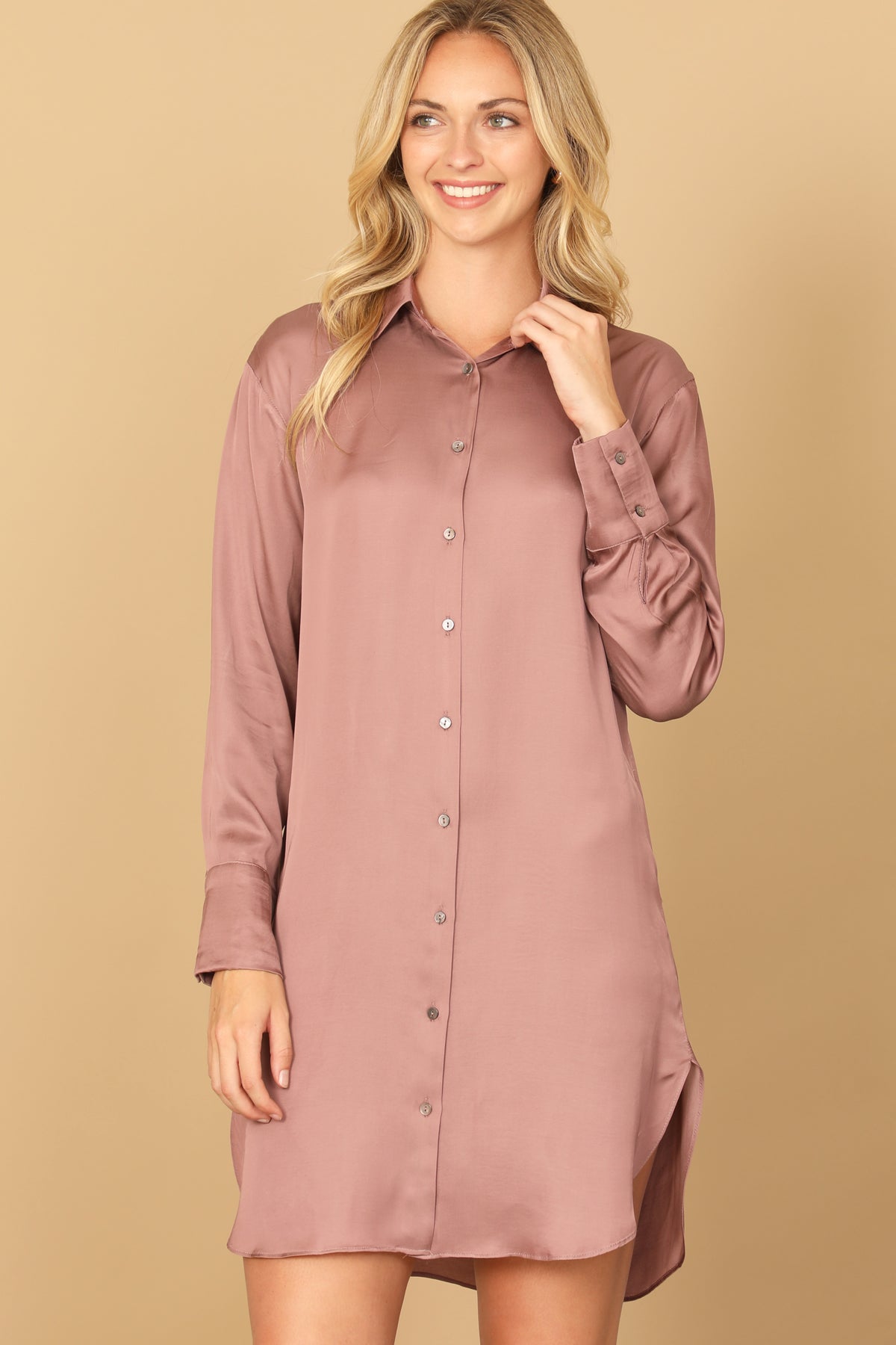 LONG SLEEVE COLLARED BUTTON DOWN CURVE HEM DRESS 2-2-1