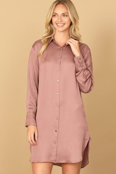 LONG SLEEVE COLLARED BUTTON DOWN CURVE HEM DRESS 2-2-1