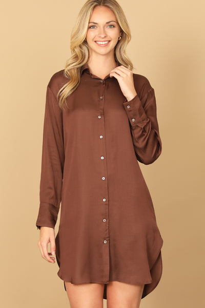 LONG SLEEVE COLLARED BUTTON DOWN CURVE HEM DRESS 2-2-1