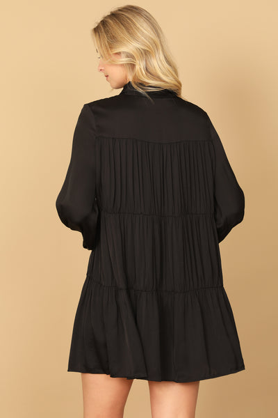 COLLARED LONG SLEEVE PLEATED DETAIL SOLID DRESS 2-2-2