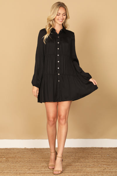 COLLARED LONG SLEEVE PLEATED DETAIL SOLID DRESS 2-2-2