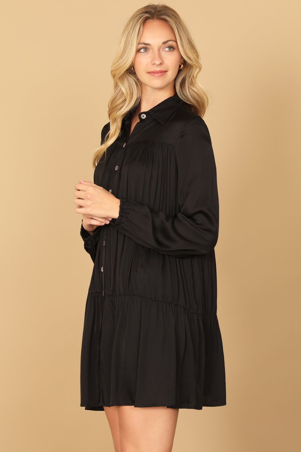 COLLARED LONG SLEEVE PLEATED DETAIL SOLID DRESS 2-2-2