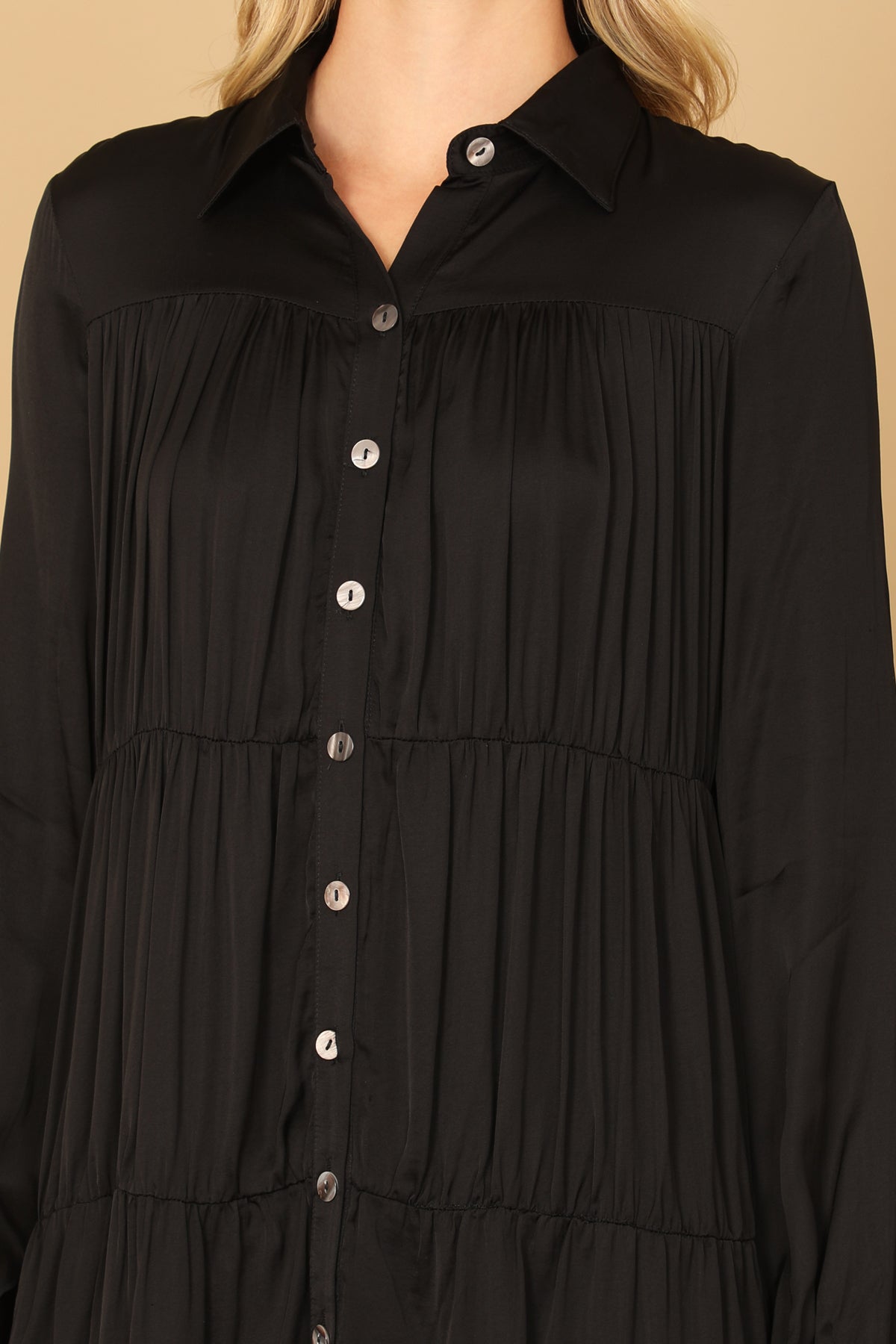 COLLARED LONG SLEEVE PLEATED DETAIL SOLID DRESS 2-2-2