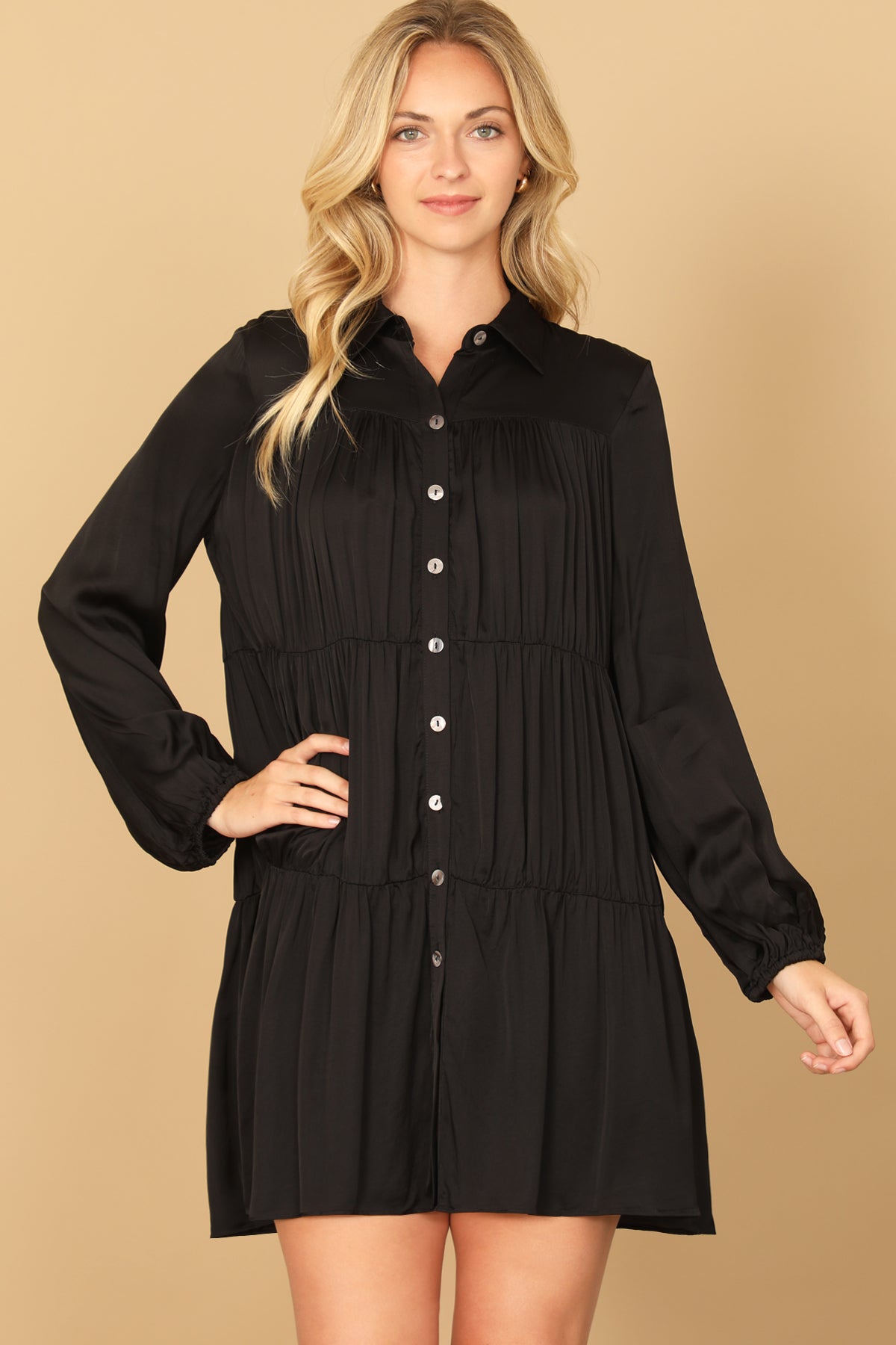 COLLARED LONG SLEEVE PLEATED DETAIL SOLID DRESS 2-2-2