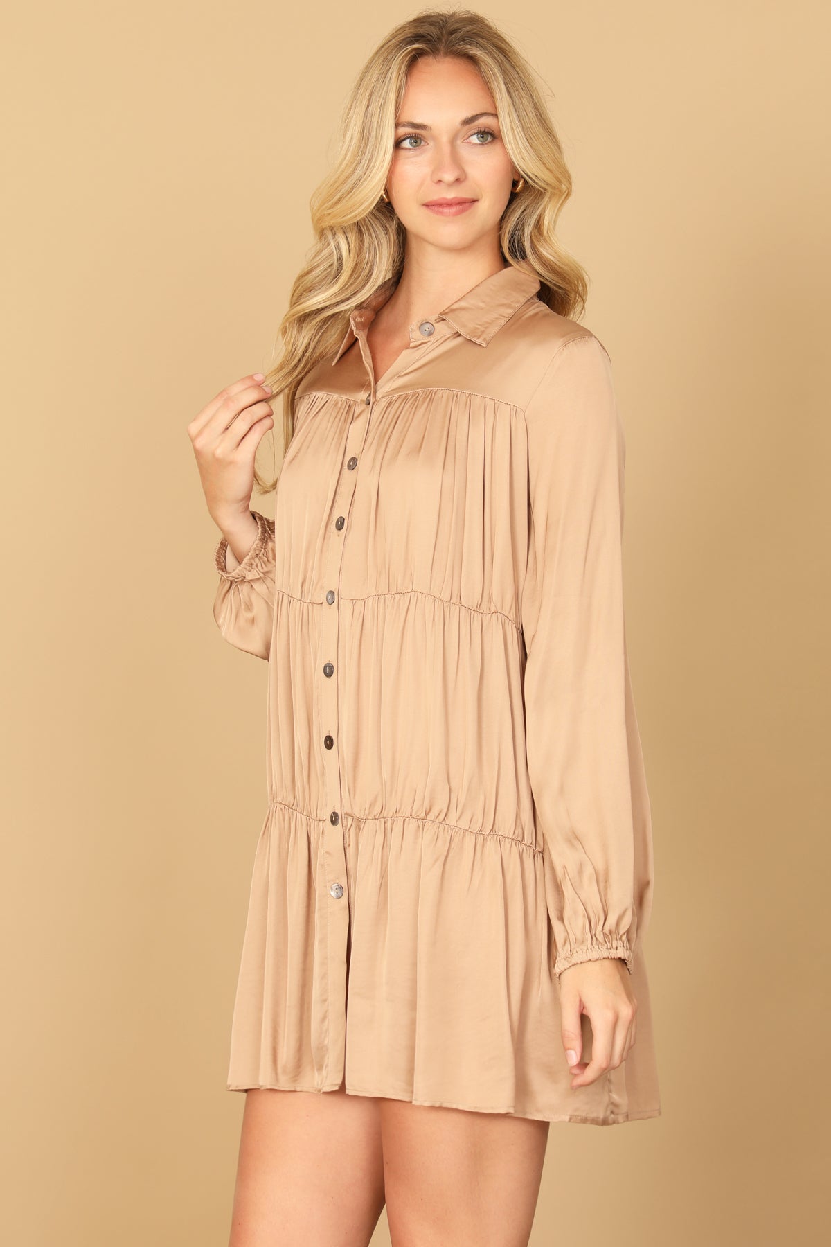 COLLARED LONG SLEEVE PLEATED DETAIL SOLID DRESS 2-2-2