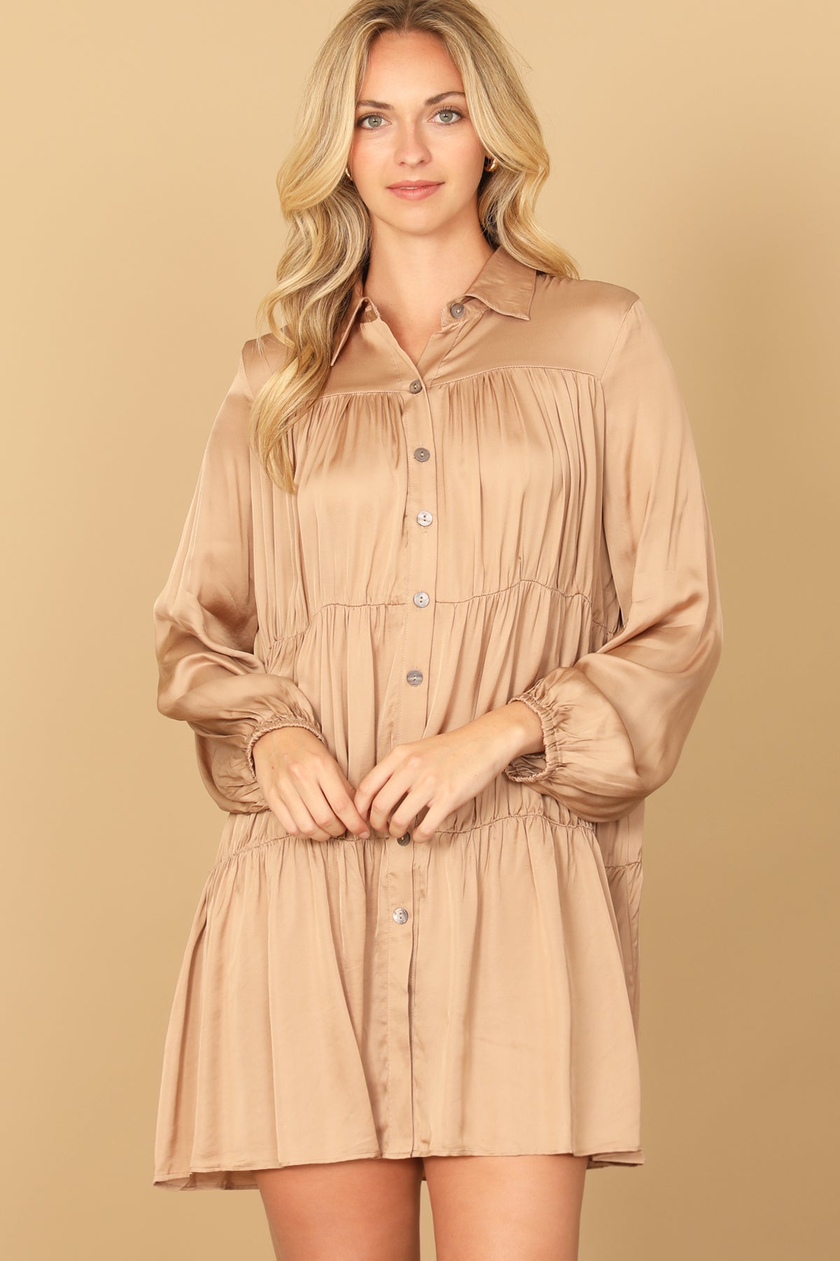 COLLARED LONG SLEEVE PLEATED DETAIL SOLID DRESS 2-2-2