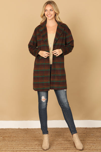 BROWN GREEN PLAID BUTTON JACKET 2-2-1