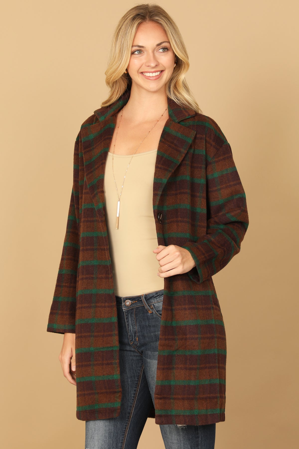 BROWN GREEN PLAID BUTTON JACKET 2-2-1