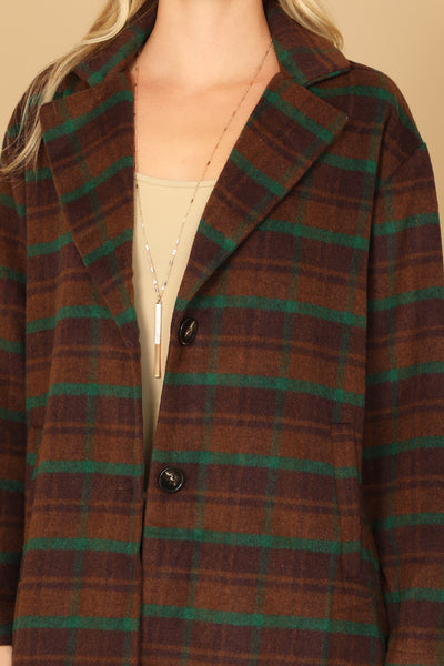 BROWN GREEN PLAID BUTTON JACKET 2-2-1