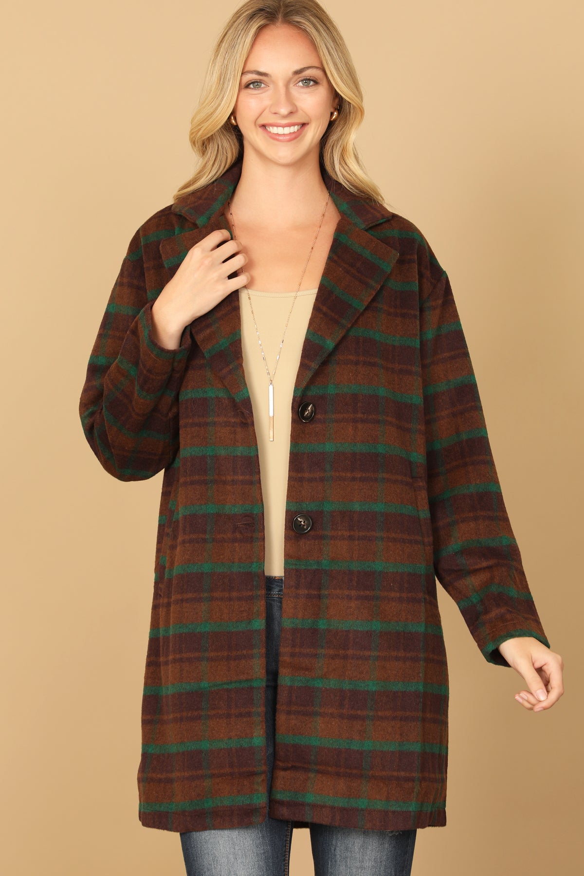 BROWN GREEN PLAID BUTTON JACKET 2-2-1