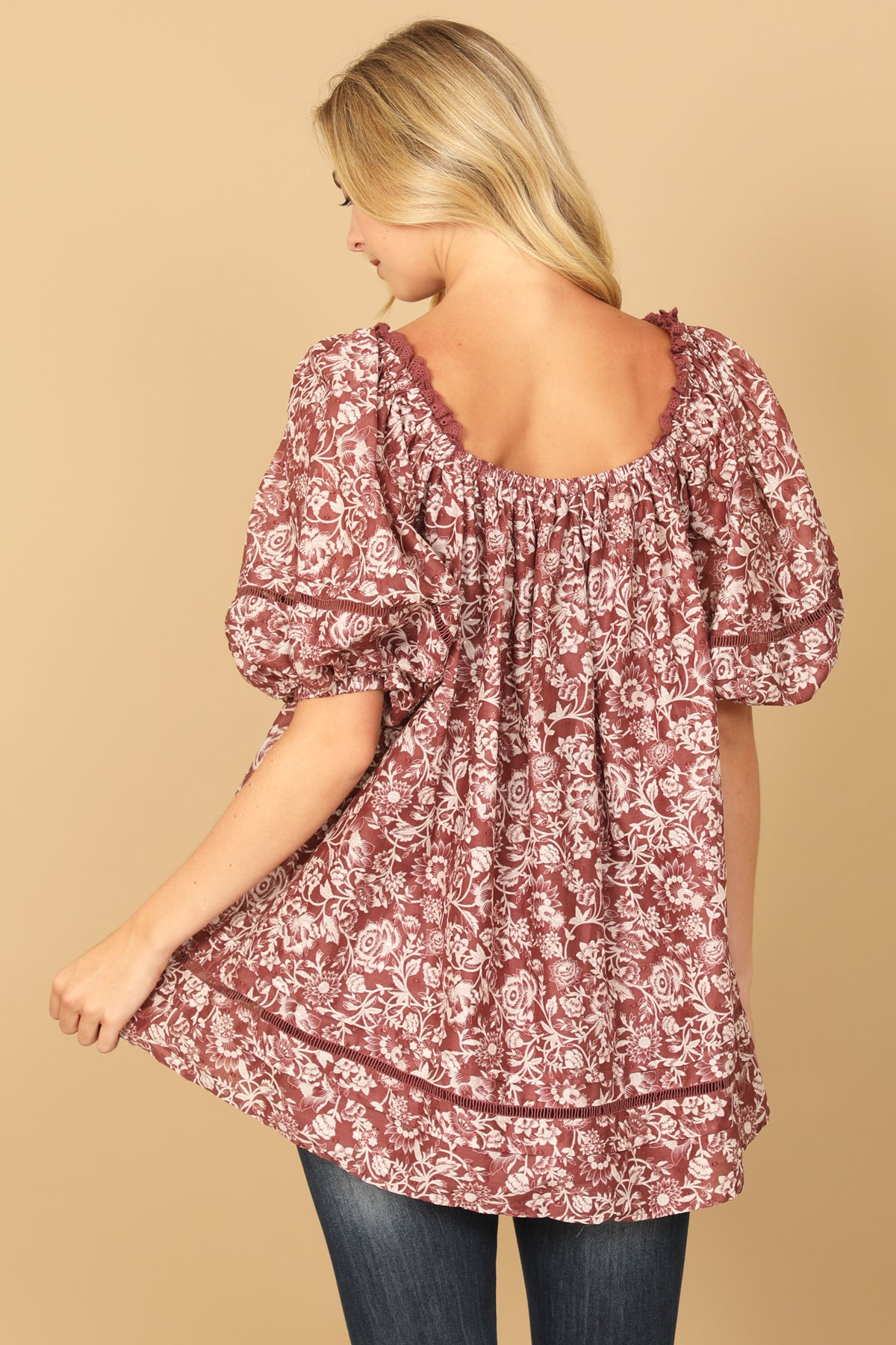 MAUVE CREAM PUFF SLEEVE BABYDOLL FLORAL TOP 2-2-1