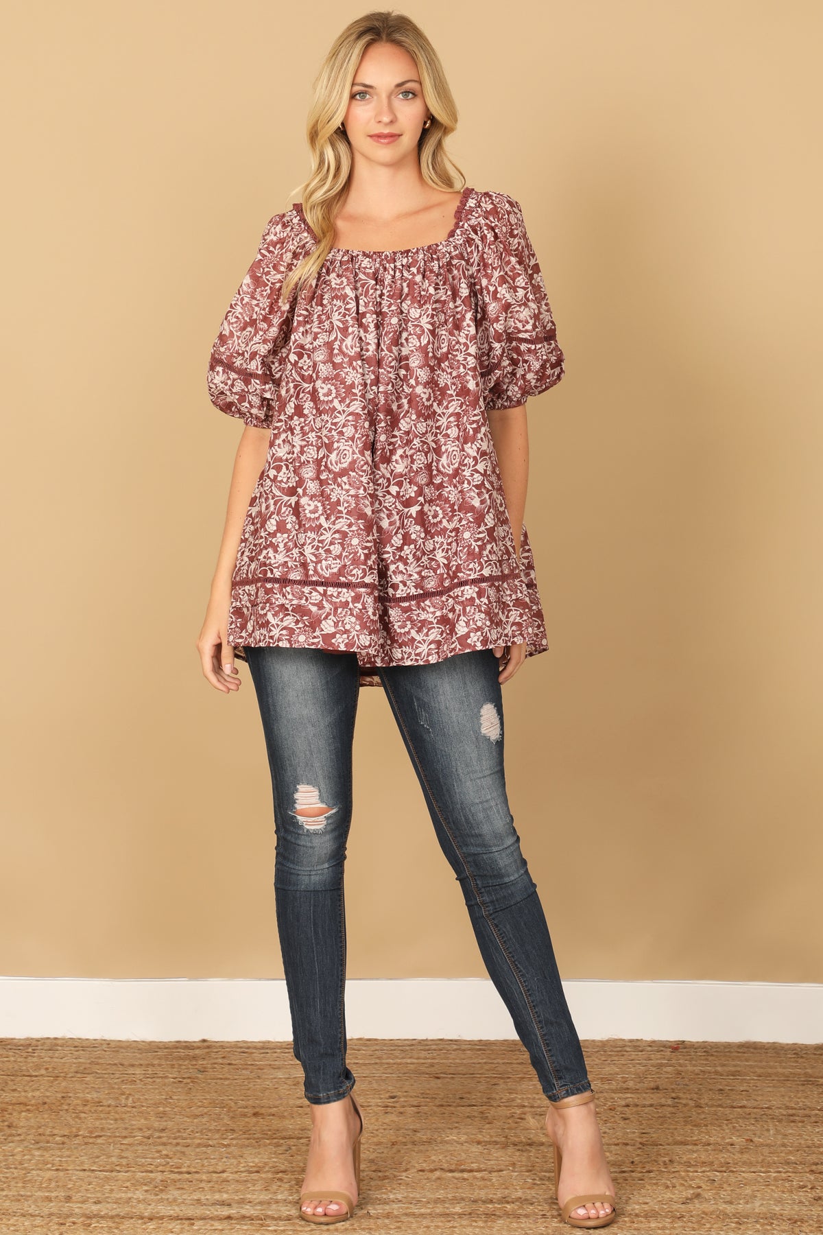 MAUVE CREAM PUFF SLEEVE BABYDOLL FLORAL TOP 2-2-1