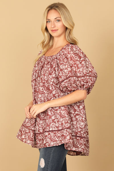 MAUVE CREAM PUFF SLEEVE BABYDOLL FLORAL TOP 2-2-1