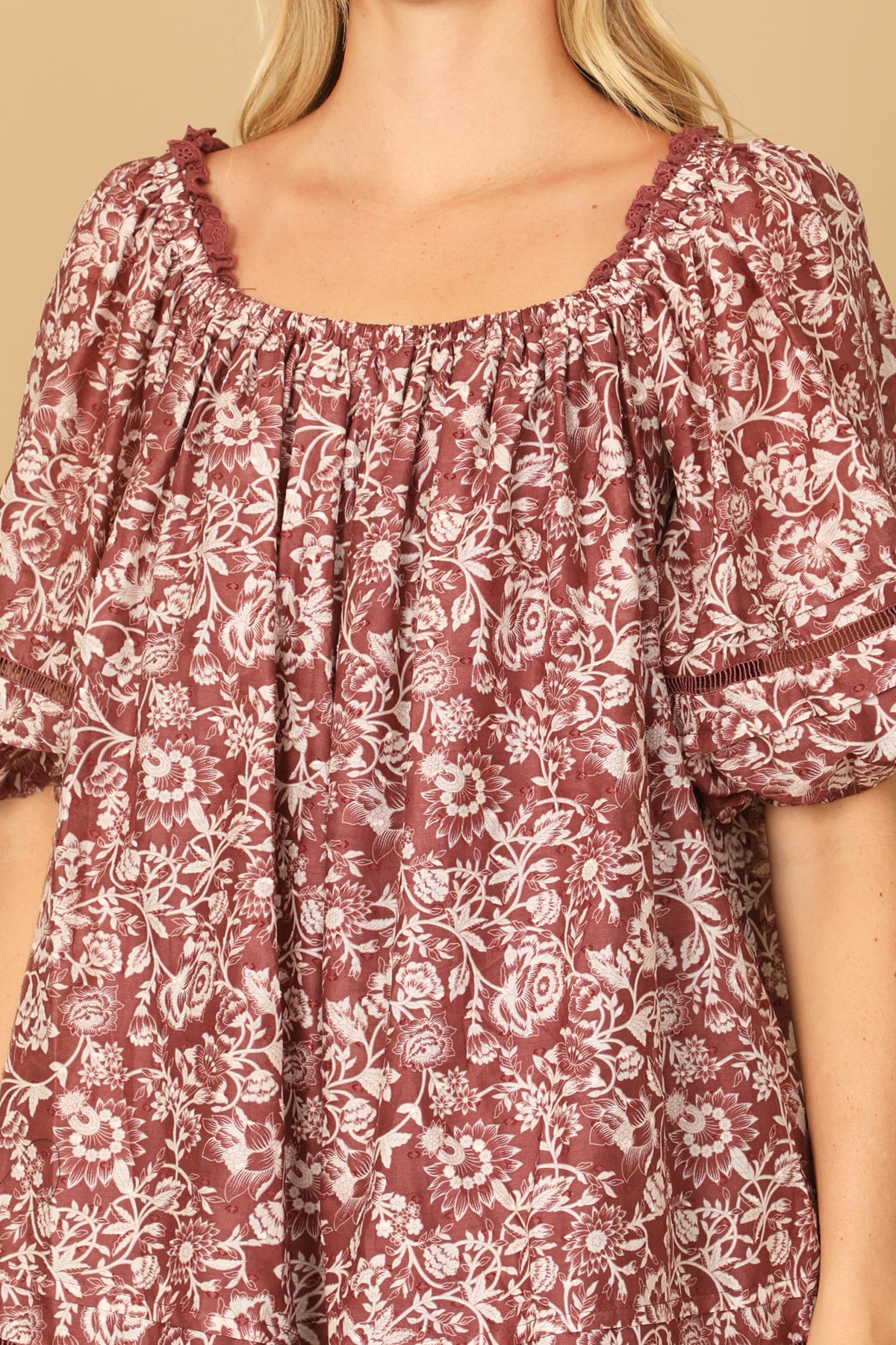 MAUVE CREAM PUFF SLEEVE BABYDOLL FLORAL TOP 2-2-1