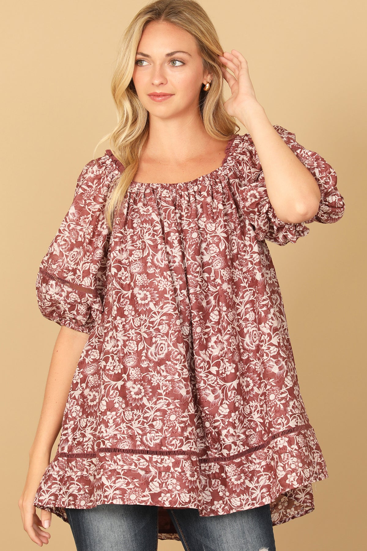 MAUVE CREAM PUFF SLEEVE BABYDOLL FLORAL TOP 2-2-1