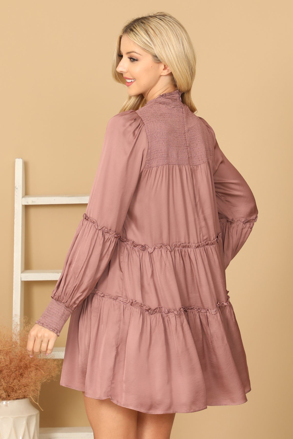 SHIRRED HIGH NECK PUFF SLEEVE TIERED SATINY DRESS 2-2-1