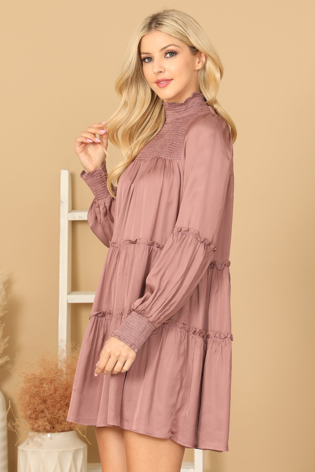 SHIRRED HIGH NECK PUFF SLEEVE TIERED SATINY DRESS 2-2-1