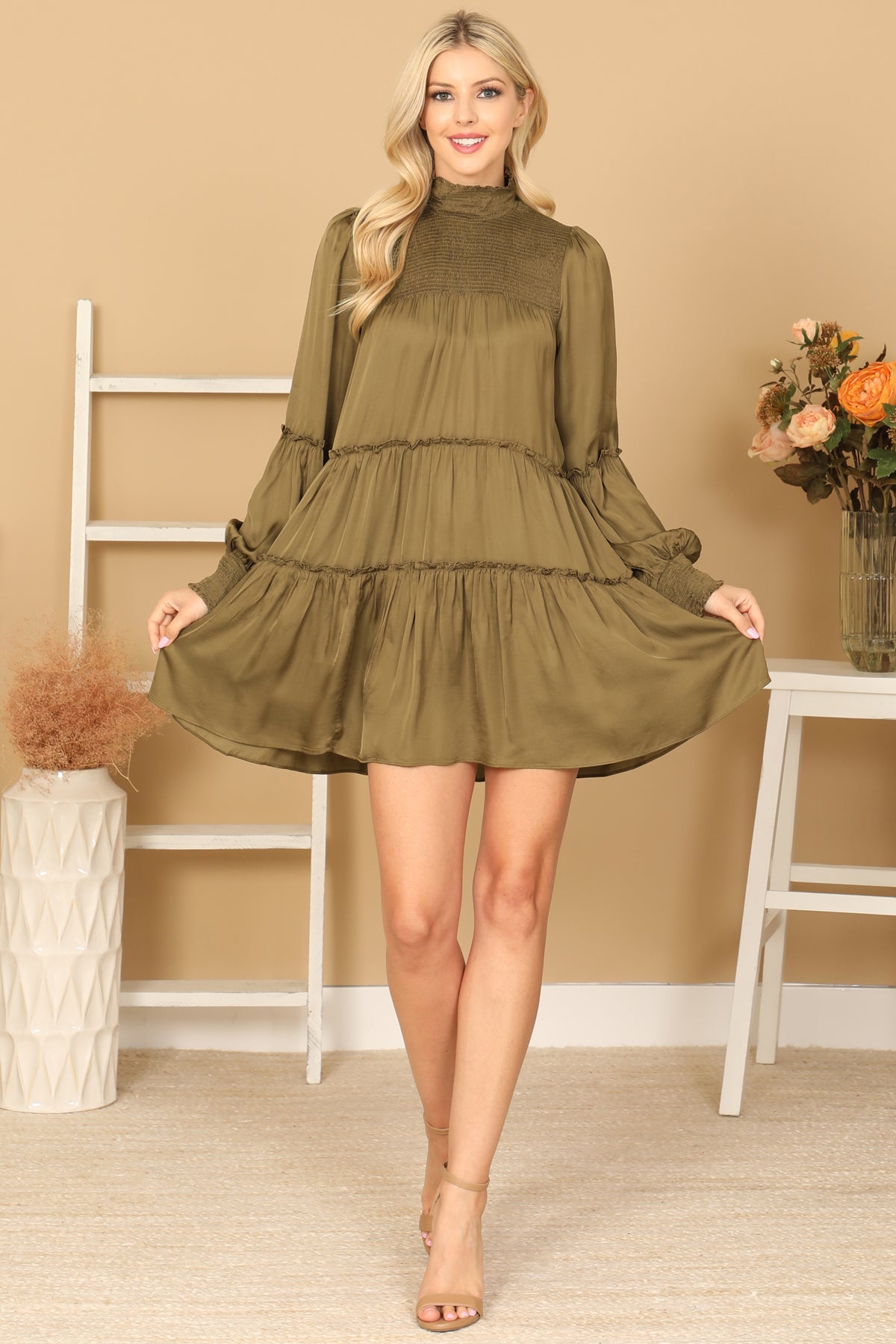 SHIRRED HIGH NECK PUFF SLEEVE TIERED SATINY DRESS 2-2-1