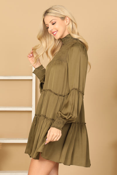 SHIRRED HIGH NECK PUFF SLEEVE TIERED SATINY DRESS 2-2-1