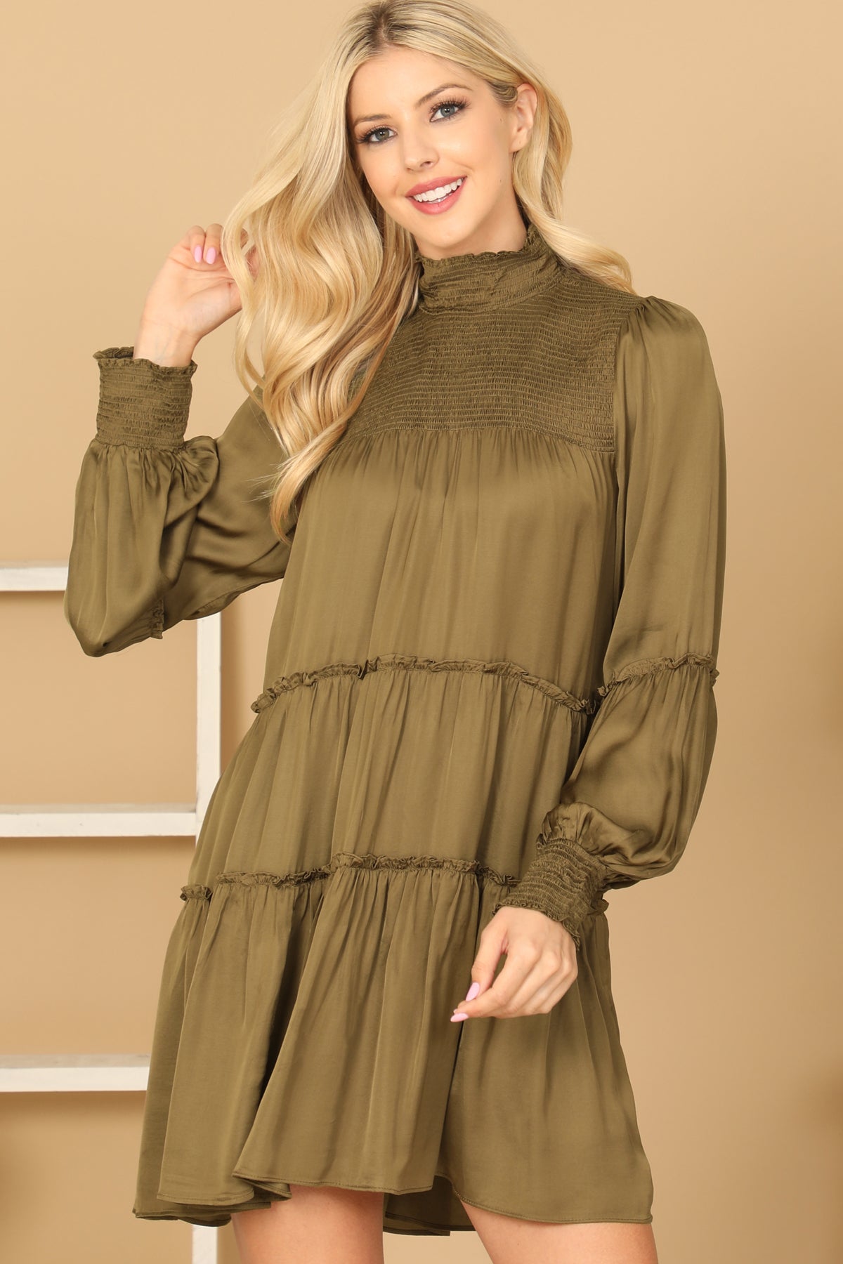 SHIRRED HIGH NECK PUFF SLEEVE TIERED SATINY DRESS 2-2-1