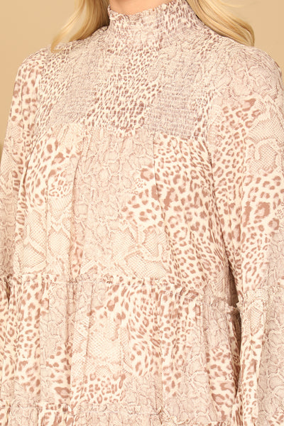 CREAM BROWN LONG SLEEVE LEOPARD MINI DRESS 2-2-1