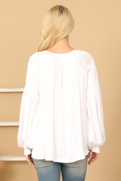 KEYHOLE NECK TIE PUFF SLEEVE SOLID TOP 2-2-1