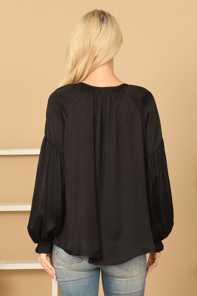 KEYHOLE NECK TIE PUFF SLEEVE SOLID TOP 2-2-1