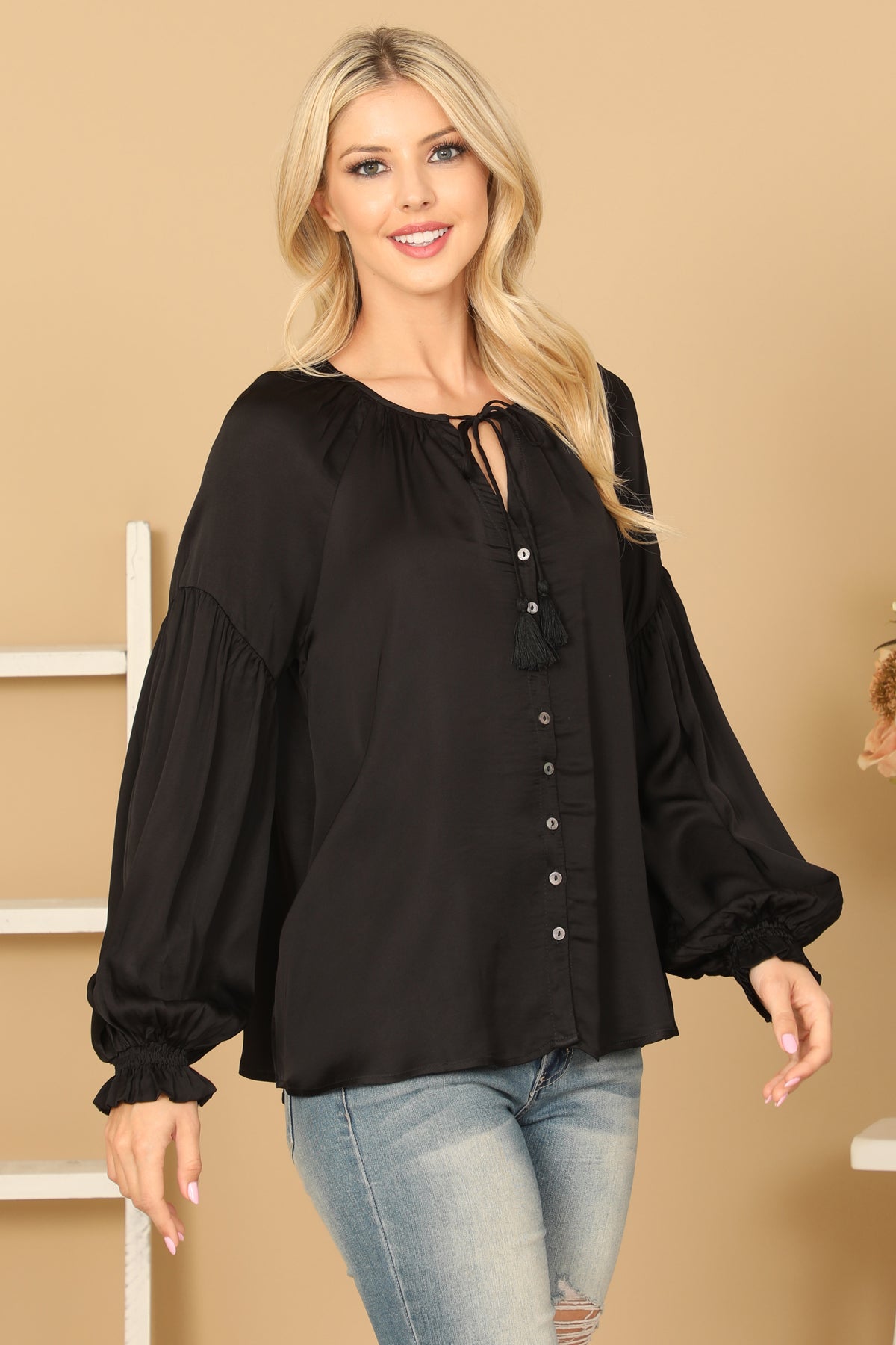 KEYHOLE NECK TIE PUFF SLEEVE SOLID TOP 2-2-1