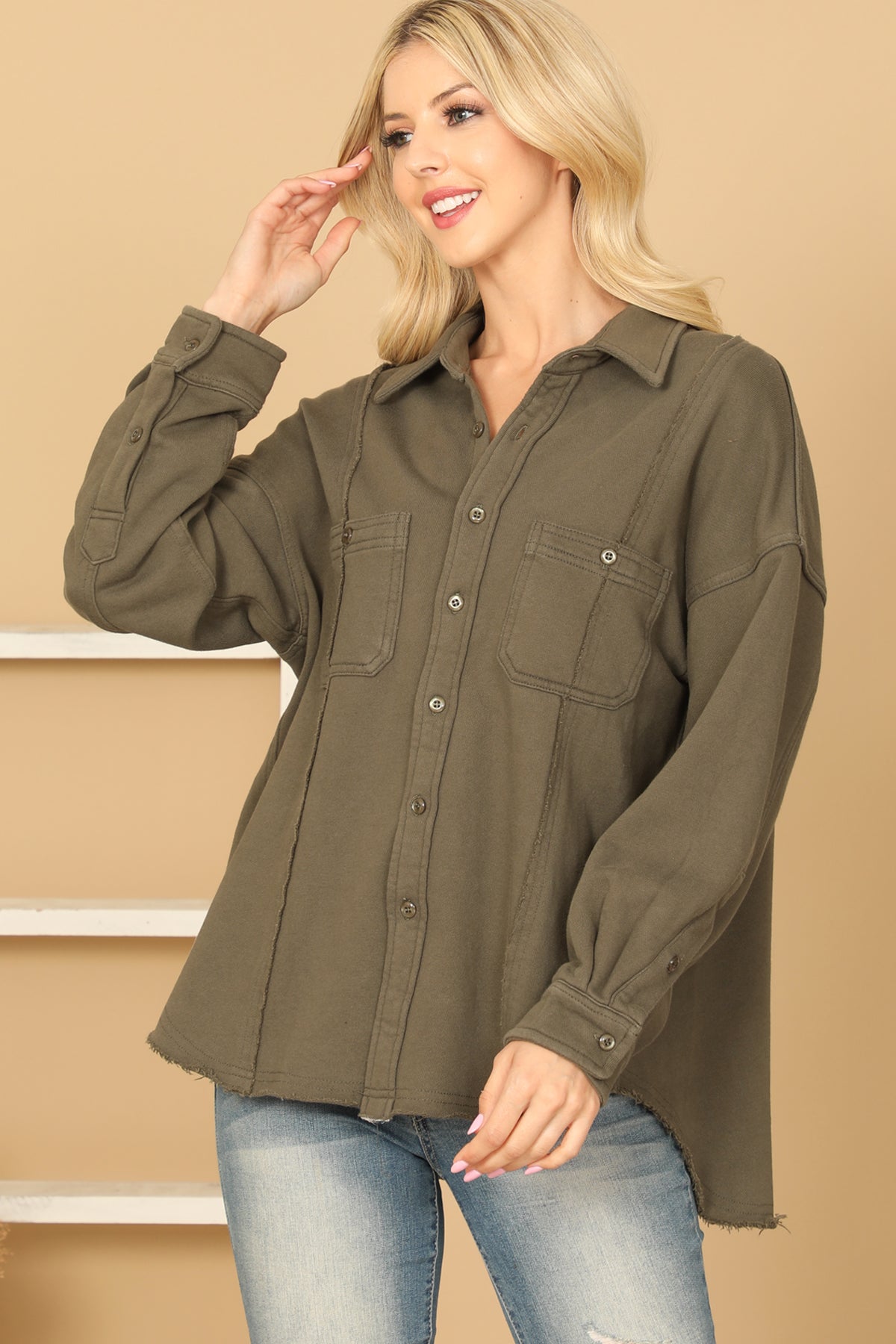 OLIVE BUTTON DOWNN FRONT POCKET JACKET 2-2-1