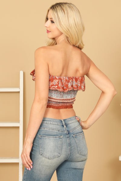 RUST DUSTY BLUE RUFFLE TUBE SHIRRED PRINTED CROP TOP 2-2-1