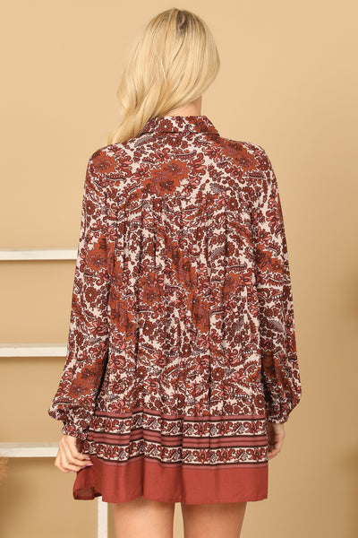 BRICK PINK LONG SLEEVE PRINTED DRESS 2-2-1