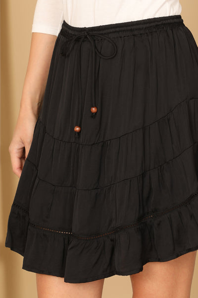 BLACK WAIST TIE TIERED SKIRT 2-2-1