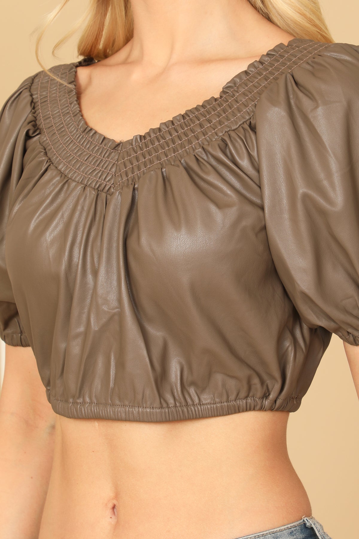 BROWN SHORT PUFF SLEEVE LEATHER CROP TOP 2-2-1