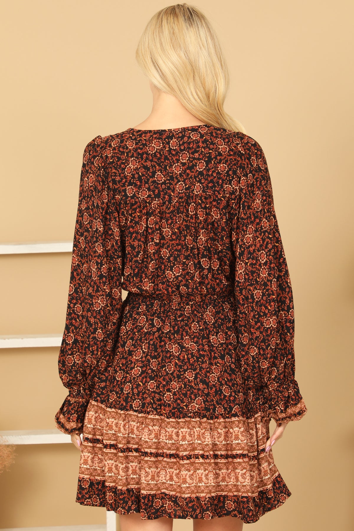 BLACK RUST V-NECK PUFF SLEEVE PRINTED DRESS 1-2-2-1-1