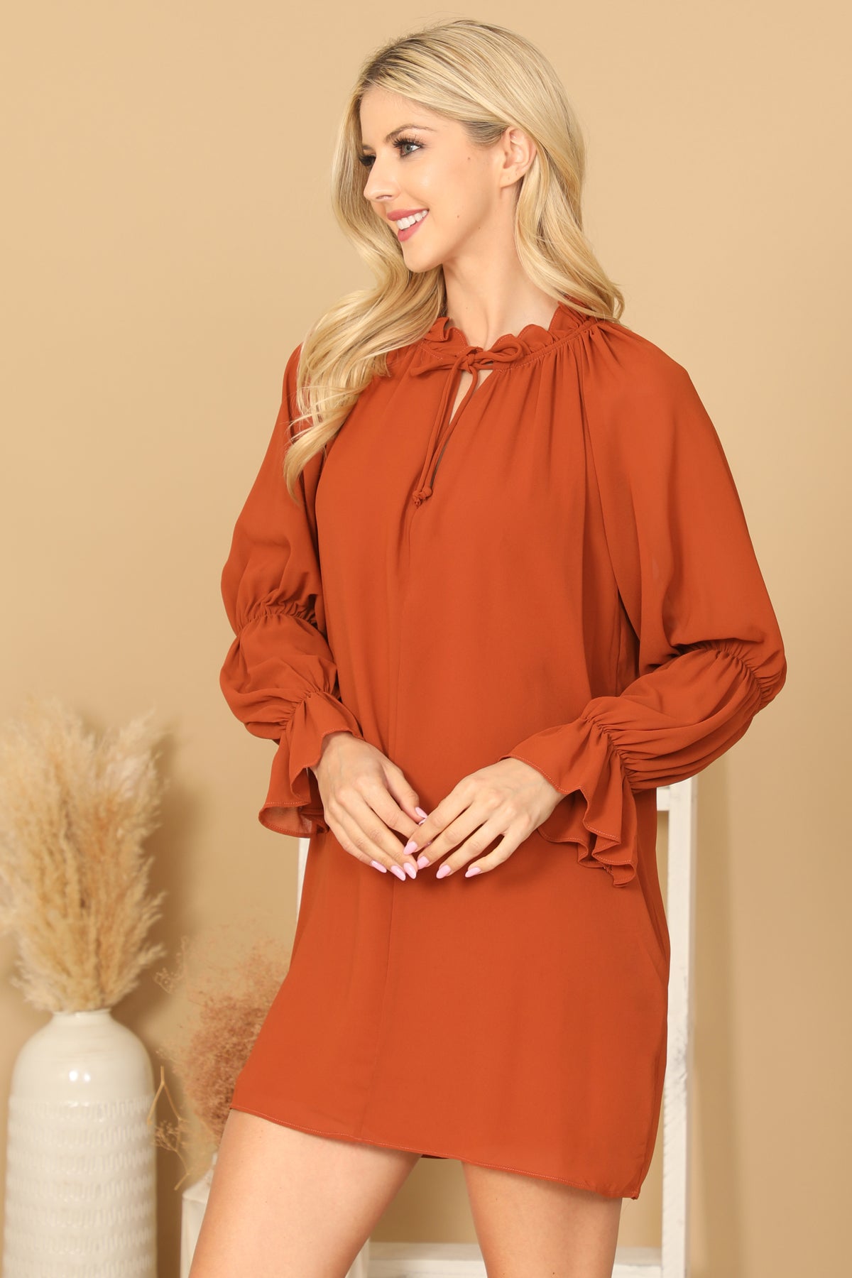 RUST RUFFLE NECK KEYHOLE TIE LONG SLEEVE MINI DRESS 2-2-1