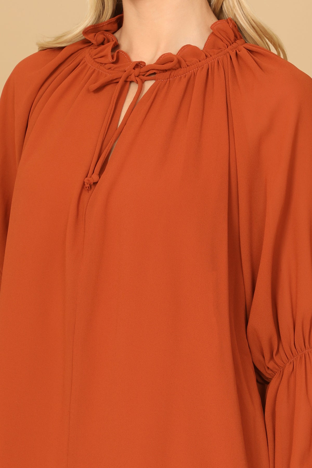 RUST RUFFLE NECK KEYHOLE TIE LONG SLEEVE MINI DRESS 2-2-1