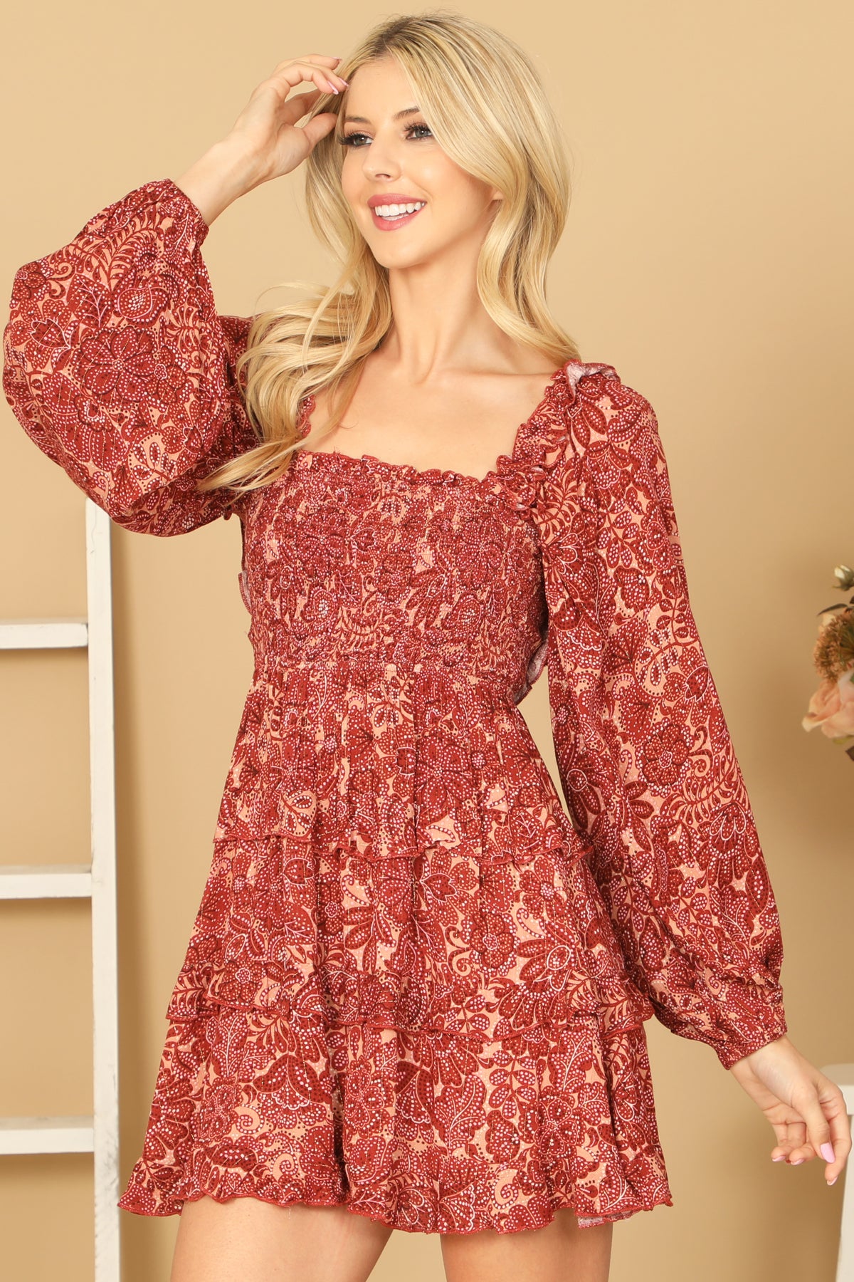 BRICK SALMON SQUARE NECK PUFF SLEEVE TIERED PRINTED DRESS 2-2-1