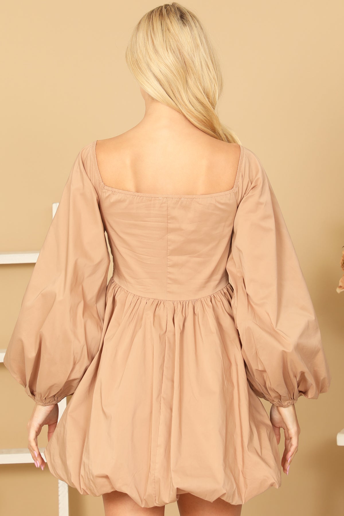 LT. BROWN LONG PUFF SLEEVE BABYDOLL DRESS 2-2-1