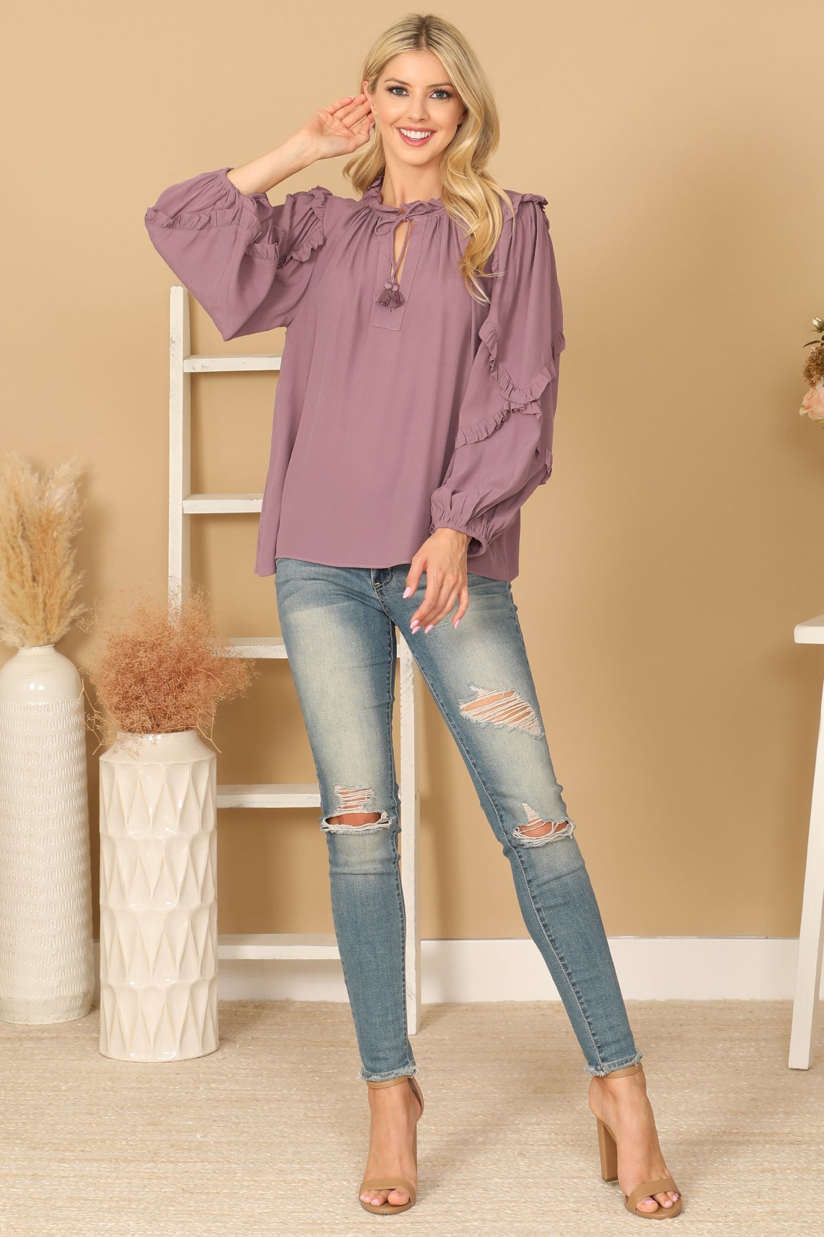 KEYHOLE NECK TASSEL TIE RUFFLE DETAIL PUFF SLEEVE TOP 2-2-1