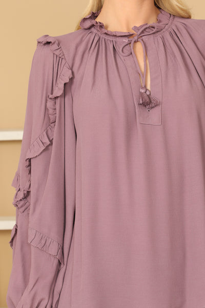 KEYHOLE NECK TASSEL TIE RUFFLE DETAIL PUFF SLEEVE TOP 2-2-1